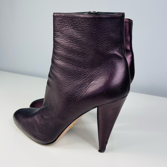 PRADA Women’s Plum Metallic Bronzed High Heel Side Zip Ankle Boots Booties 39.5 - Picture 2 of 16
